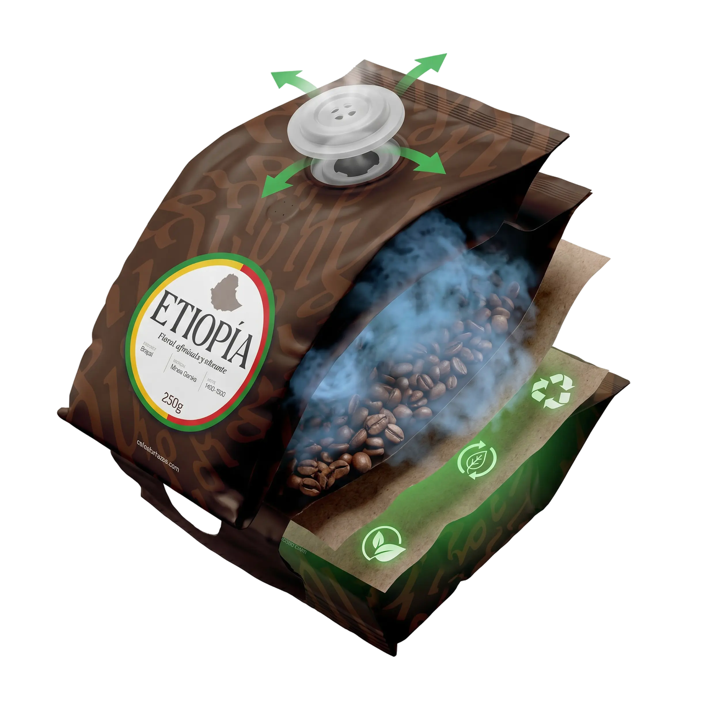 Envase de café Etiopía 250 g con válvula desgasificante y material biodegradable